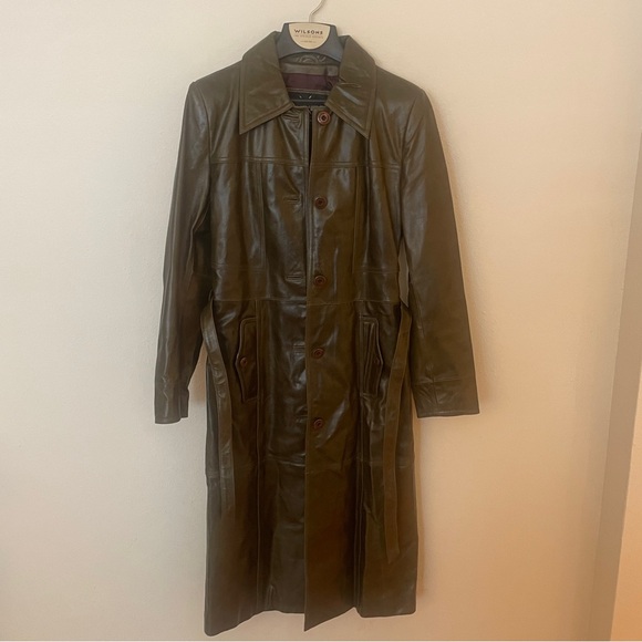 Wilson Maxima Vintage Dark Green Women Leather Trench Coat SizeS - Picture 2 of 10